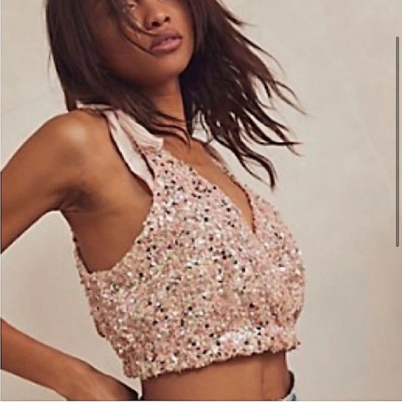 Free People Intimately Free Big Night Sequin Crop Top Ribbon Tie Rose XS - Picture 3 of 7